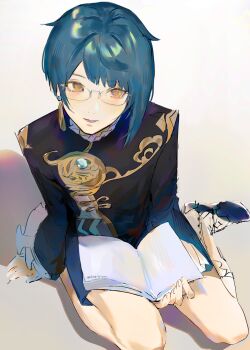 1boy bespectacled blue_hair book boots chinese_clothes commentary earrings english_commentary fae_(faereiyon) genshin_impact glasses highres jewelry knee_boots long_sleeves male_focus open_book open_mouth short_hair single_earring sitting solo tassel tassel_earrings xingqiu_(genshin_impact) yellow_eyes yokozuwari