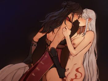 2girls absurdres beidou_(genshin_impact) black_gloves breasts brown_hair burgyy clothed_female_nude_female dress fingering genshin_impact gloves highres leg_tattoo long_hair looking_at_another medium_breasts multiple_girls ningguang_(genshin_impact) nude red_dress tattoo very_long_hair yuri