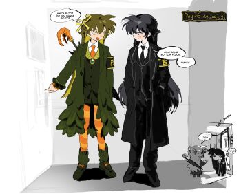 Rule 34 | 2girls, armband, black armband, black coat, black necktie, black pants, black shoes, black shorts, black vest, brown hair, closed umbrella, coat, commentary, e.g.o (project moon), employee (project moon), english commentary, english text, full body, green coat, green socks, highres, kampuzu, loafers, lobotomy corporation, long hair, multiple girls, necktie, nugget (project moon), pants, project moon, shoes, shorts, socks, solemn lament (e.g.o), umbrella, very long hair, vest