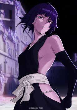 1girl artist_name bare_shoulders black_hair bleach bleach:_sennen_kessen-hen breasts clothing_cutout collarbone elbow_gloves female_focus fundoshi gloves hip_vent ice japanese_clothes maroon_side medium_hair small_breasts sui-feng twitter_username upper_body