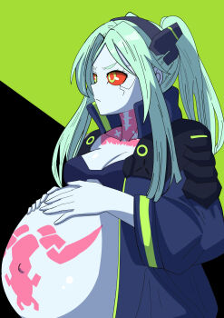 1girl absurdres breasts cleavage colored_sclera cyberpunk:_edgerunners cyberpunk_(series) female_focus green_eyes green_hair highres long_hair navel pale_skin pregnant rebecca_(cyberpunk) red_sclera small_breasts solo stark_(shitake) tattoo twintails yuhancyan