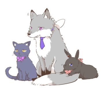 animal animal_ear_fluff animalization blue_eyes bow cat hair_ornament hairclip higuchi_kaede necktie nijisanji no_humans pink_bow pink_ribbon purple_bow purple_eyes purple_necktie rabbit rebecca_(keinelove) ribbon shizuka_rin simple_background tsukino_mito virtual_youtuber white_background white_bow wolf yellow_eyes