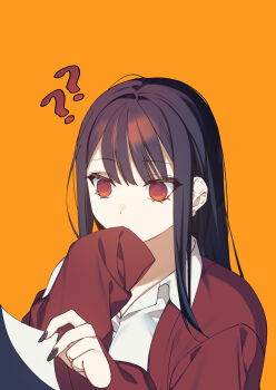 Rule 34 | 1girl, ?, ??, absurdres, black hair, black nails, cardigan, chihara mai, collared shirt, commentary request, highres, jirai nan desu ka? chihara-san, long hair, orange background, red cardigan, red eyes, ringed eyes, ryon (ryonhei), school uniform, shirt, simple background, solo, upper body, white shirt