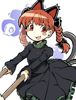 1girl animal_ears black_bow black_dress blue_fire blush_stickers bow braid cat_ears cat_girl cat_tail circle_skirt collared_dress commentary cowboy_shot dot_nose dress english_commentary eyelashes fang fire flaming_skull frilled_dress frilled_skirt frilled_sleeves frills hair_bow happy high_collar juliet_sleeves kaenbyou_rin kokum0tsu long_hair long_sleeves medium_dress multiple_hair_bows multiple_tails nekomata open_mouth outline pleated_skirt puffy_sleeves pushing red_eyes red_hair simple_background skirt skull sleeves_past_wrists smile solo standing tail tareme touhou twin_braids two_tails wheelbarrow white_background white_outline