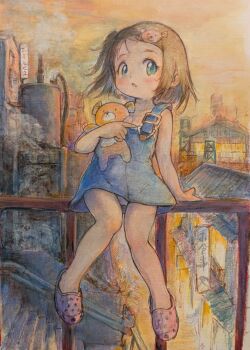 1girl blue_dress blush brown_hair city cloud denim_dress dress guma highres holding holding_stuffed_toy loli open_mouth original outdoors panties panty_peek pink_shoes railing shoes short_dress short_hair sitting sky solo stuffed_animal stuffed_toy teddy_bear thighs underwear white_panties