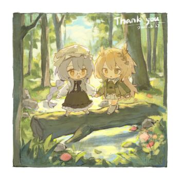 2girls :d antlers black_dress black_shoes blonde_hair blue_bow blue_bowtie blush_stickers border bow bowtie braid chibi chibi_only collared_shirt dated day dress forest frilled_dress frills full_body glasses green_eyes green_jacket grey_hair haiyan_limeng hat heterochromia holding_hands horns jacket log long_hair long_sleeves multiple_girls nature open_clothes open_jacket open_mouth original outdoors pinafore_dress semi-rimless_eyewear shirt shoes skirt sleeveless sleeveless_dress smile socks standing thank_you twin_braids under-rim_eyewear walking white_border white_hat white_shirt white_shoes white_skirt white_socks yellow_eyes