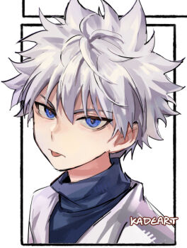 1boy artist_name blue_eyes blue_shirt commentary high_collar hunter_x_hunter kadeart killua_zoldyck layered_sleeves long_sleeves looking_at_viewer male_focus outside_border portrait shirt short_hair short_over_long_sleeves short_sleeves solo tongue tongue_out white_hair white_shirt
