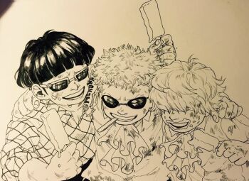 3boys aged_down ascot black_hair blonde_hair brothers checkered_clothes checkered_shirt child dirty dirty_clothes dirty_face donquixote_doflamingo donquixote_rocinante drjjn eating food food_on_face bad_tag holding holding_food holding_ice_cream ice_cream male_focus monochrome multiple_boys one_piece shirt short_hair siblings smile sunglasses traditional_media upper_body vergo_(one_piece) white_shirt