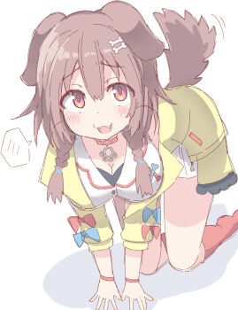 1girl :d all_fours animal_ears bare_shoulders blush bone_hair_ornament braid breasts brown_hair cartoon_bone cleavage collar commentary dog_ears dog_girl dog_tail dress fang hair_between_eyes hair_ornament hair_over_shoulder highres hololive inugami_korone inugami_korone_(1st_costume) jacket long_hair looking_at_viewer low_twintails medium_breasts motion_lines open_clothes open_jacket open_mouth red_collar red_eyes red_socks shadow simple_background sleeveless sleeveless_dress smile socks solo spoken_blush tail twin_braids twintails umberblack white_background white_dress yellow_jacket