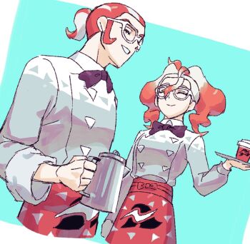 1boy 1girl :&gt; apron black_bow black_bowtie bow bowtie closed_eyes cowlick cup disposable_coffee_cup disposable_cup fldjfflrnt glasses gradient_hair grin griselle_(pokemon) grisham_(pokemon) hair_pulled_back holding holding_coffee_pot holding_tray multicolored_hair nintendo orange_apron orange_hair pokemon pokemon_legends:_z-a smile split_ponytail tray two-tone_hair upper_body waist_apron wavy_hair white-framed_eyewear white_hair