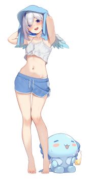 1girl absurdres amane_kanata barefoot blue_eyes blue_hair blue_shorts buket_pudding_i crop_top crop_top_overhang dolphin_shorts drying drying_hair drying_own_hair feet full_body gradient_wings halterneck highres hololive looking_at_viewer mini_wings multicolored_hair multicolored_wings navel shorts simple_background standing stomach streaked_hair towel towel_on_head upao_(amane_kanata) virtual_youtuber white_background white_hair white_wings wings