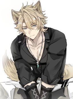 Rule 34 | 1boy, absurdres, animal ear fluff, animal ears, black shirt, blonde hair, blue eyes, chest harness, chuilan81, closed mouth, collarbone, collared shirt, commentary, facial scar, genshin impact, hair between eyes, harness, highres, jewelry, looking at viewer, male focus, necklace, pants, parted bangs, pectoral cleavage, pectorals, scar, scar on cheek, scar on chest, scar on face, shirt, short hair, simple background, sitting, smile, solo, tail, thigh strap, three-quarter sleeves, untranslatable commentary, v arms, varka (genshin impact), white background, white pants, wolf boy, wolf ears, wolf tail