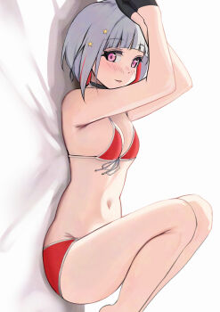 1girl bare_arms bare_legs bed_sheet bikini black_choker black_gloves blunt_bangs blush bob_cut breasts choker gloves grey_hair hair_ornament heart heart-shaped_pupils highres link!_like!_love_live! love_live! lying multicolored_hair navel on_back open_mouth pisagi purple_eyes red_bikini red_hair short_hair small_breasts smile solo star_(symbol) star_hair_ornament streaked_hair swimsuit symbol-shaped_pupils thighs two-tone_hair virtual_youtuber white_background yugiri_tsuzuri