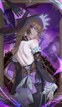 1girl absurdres backless_dress backless_outfit bare_back bare_shoulders black_choker brown_hair choker commentary detached_sleeves dress hat herta_(honkai:_star_rail) herta_(puppet)_(honkai:_star_rail) highres honkai:_star_rail honkai_(series) long_hair long_sleeves looking_at_viewer picture_frame purple_eyes smile standing the_herta_(honkai:_star_rail) very_long_hair witch_hat yorn_(yor_n)