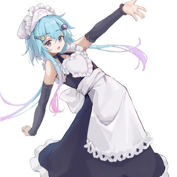 1boy absurdres alternate_costume apron arknights arm_up back_bow black_dress black_sleeves blue_hair bow commentary crossdressing crossdressing_(mtf) detached_sleeves dress enmaided full_body ghost_hair_ornament gradient_hair highres infection_monitor_(arknights) leaning_back long_hair looking_at_viewer maid maid_headdress male_focus mizuki_(arknights) multicolored_hair open_mouth pink_hair purple_eyes riu_kawano simple_background smile solo white_apron white_background white_hair