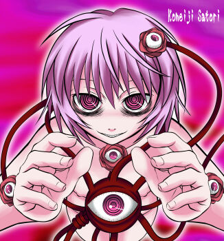 Rule 34 | 1girl, absurdres, ayana mizuki, bags under eyes, character name, commentary request, completely nude, cowboy shot, fingernails, grin, hands up, highres, komeiji satori, leaning forward, looking at viewer, nipples, nude, pink background, pink eyes, purple hair, ringed eyes, short hair, smile, solo, teeth, third eye, touhou