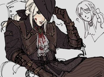 Rule 34 | 1girl, ?, ascot, blood, blood stain, bloodborne, brooch, brown gloves, chair, failentineland, gloves, green eyes, hand on headwear, hat, highres, jewelry, lady maria of the astral clocktower, looking to the side, ornate clothes, ponytail, sidelocks, sitting, solo focus, tricorne, upper body, white ascot, white hair