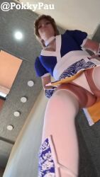 1girl animated ass audible_music breasts brown_hair cleavage cosplay dead_or_alive from_below highres kasumi_(doa) kasumi_(doa)_(cosplay) large_breasts long_hair pelvic_curtain pokkypau ponytail real_life short_sleeves sound stepping tagme thighhighs thong video