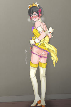 Rule 34 | 1boy, aftersex, against wall, angry, ass, bar censor, bare shoulders, black hair, blush, boots, bow, breath, censored, clenched teeth, clothes lift, crossdressing, cum, cum on ass, cum on body, cum on clothes, cum string, detached collar, dress, earrings, erection, from behind, full body, gloves, hair ribbon, heavy breathing, high heel boots, high heels, jewelry, lifting own clothes, lipstick, looking at viewer, looking back, makeup, male focus, panties, panty pull, penis, pink panties, raitaroo, ribbon, short hair, solo, standing, star (symbol), star earrings, strapless, sweat, sweatdrop, teeth, thigh boots, thighhighs, trap, underwear, white gloves, yellow dress