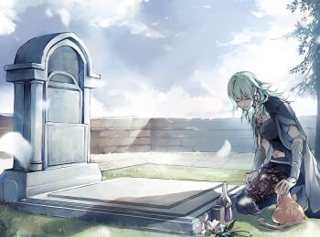 Rule 34 | 1girl, animal, black cape, black shorts, blue sky, breasts, brown pantyhose, cape, cat, closed eyes, closed mouth, cloud, day, female byleth (awakened) (fire emblem), female byleth (fire emblem), fire emblem, fire emblem: three houses, flower, grass, green hair, long hair, medium breasts, navel, nintendo, official alternate hair color, orange cat, outdoors, pantyhose, shorts, sky, smile, tombstone, white flower, zat 296