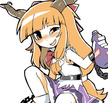 Rule 34 | 1girl, bare legs, bare shoulders, belt, black belt, blouse, blunt bangs, blush, bow, bowtie, brown horns, chain, collared shirt, commentary, cuffs, dot nose, drunk, english commentary, fang, feet out of frame, gourd, hair bow, half-closed eye, hand on ground, happy, high collar, holding, holding gourd, horn ornament, horn ribbon, horns, ibuki suika, knee up, kokum0tsu, long hair, long sidelocks, looking at viewer, low-tied long hair, miniskirt, open mouth, orange eyes, orange hair, purple skirt, red bow, red bowtie, ribbon, shackles, shirt, sidelocks, simple background, sitting, skin fang, skirt, sleeveless, sleeveless shirt, smile, socks, solo, torn clothes, torn shirt, touhou, very long hair, white background, white bow, white ribbon, white shirt, white socks