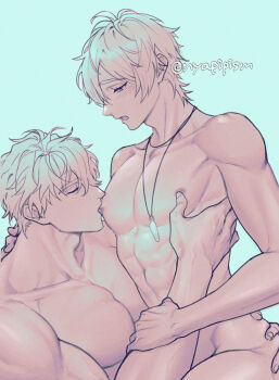 Rule 34 | 2boys, abs, artist name, bags under eyes, blush, closed eyes, commentary request, eiden (nu carnival), grabbing another's ass, grabbing another's pectorals, groping, hair between eyes, highres, jewelry, large pectorals, licking, licking nipple, looking at another, male focus, monochrome, multiple boys, muscular, muscular male, necklace, nipple stimulation, nipples, nu carnival, nude, nyapipism, pectoral cleavage, pectorals, quincy (distant promise) (nu carnival), quincy (nu carnival), see-through clothes, short hair, simple background, sketch, unfinished, yaoi