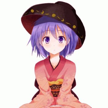 1girl animated animated_gif blinking blush bowl bowl_hat emofuri multiple_expressions facing_viewer female_focus hat japanese_clothes kimono kittona long_sleeves looking_at_viewer lowres md5_mismatch mini_person minigirl obi purple_eyes purple_hair sad sash short_hair sitting sleeves_past_wrists solo sukuna_shinmyoumaru touhou ugoira wide_sleeves