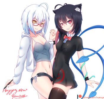 2girls ahoge animal_ears artist_self-insert asymmetrical_wings black_dress black_hair black_legwear black_panties bow bowtie breasts camisole cat_ears cleavage closed_mouth collarbone covered_navel drawstring dress from_side grin groin holding_hands hood hoodie houjuu_nue interlocked_fingers kemonomimi_mode long_sleeves looking_at_viewer lowleg lowleg_panties multiple_girls navel nuenya original panties red-framed_eyewear red_bow red_bowtie red_eyes short_dress side-tie_panties simple_background small_breasts smile snake standing thighhighs touhou underwear white_background white_hair wings yellow_eyes