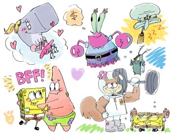 Rule 34 | absurdres, antenna, belt, blonde hair, blue skin, blush, boots, brown fur, brown hair, buck teeth, claws, colored skin, crab, dollar sign, exercising, eyelashes, flower, freckles, green skin, grey skin, helmet, highres, hug, jetpack, lipstick, long eyes, long nose, lying, makeup, minoru (nezumiisya), money sign, mr. krabs, muscular, muscular female, necktie, nickelodeon, octopus, one-eyed, panties, pants, paramount pictures, patrick star, pearl krabs, pink skin, plankton, plankton (spongebob), red skin, sandy cheeks, shell, shirt, shoes, shorts, skirt, smile, smirk, socks, space suit, sponge, spongebob squarepants, spongebob squarepants (series), squidward tentacles, squirrel, starfish, tail, teeth, tomboy, topless male, underwear, walking, weakling, weightlifting, weights, whale, yellow skin