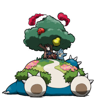 1girl berry_(pokemon) black_hair blacknirrow blue_eyes closed_mouth dynamax evolutionary_line eyelashes fang gen_1_pokemon gen_4_pokemon gigantamax gigantamax_snorlax grass lying mai_(pokemon) munchlax nintendo on_back one_eye_closed open_mouth pokemon pokemon_(creature) pokemon_legends:_arceus pomeg_berry simple_background sitrus_berry sitting smile snorlax tree under_tree white_background