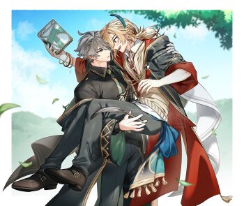 Rule 34 | 2boys, absurdres, alhaitham (genshin impact), arm up, black coat, black shirt, black shoes, blonde hair, border, bracelet, carrying, carrying person, coat, collared shirt, commentary request, eye contact, feather hair ornament, feathers, genshin impact, green eyes, grey pants, hair ornament, highres, jewelry, kaveh (genshin impact), long hair, long sleeves, looking at another, male focus, multiple boys, multiple bracelets, open collar, open mouth, outdoors, pants, parted bangs, princess carry, red coat, red eyes, round teeth, shirt, shoes, short hair, standing, sweater, teeth, tree, triangle mouth, two-sided coat, two-sided fabric, waruinu, watermark, white border, wide sleeves, wing collar