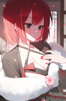 1girl akane_lize blonde_hair blurry blurry_background breasts cleavage closed_mouth falling_petals grey_eyes hand_on_own_chest highres huhi_(huhi_1211) korean_clothes large_breasts long_hair long_sleeves looking_at_viewer multicolored_hair petals red_hair red_nails short_hair solo stellive streaked_hair upper_body virtual_youtuber