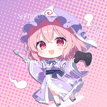 1girl absurdres belt black_belt black_ribbon blue_shoes blush breasts chibi chibi_only collared_kimono controller floral_print fork frills full_body game_controller gradient_background hair_between_eyes hands_up hat highres hitodama holding holding_controller holding_fork holding_game_controller japanese_clothes juliet_sleeves kimono long_sleeves looking_at_viewer medium_breasts mob_cap neck_ribbon ohako_miyu open_mouth pink_background pink_hair pink_pupils polka_dot polka_dot_background puffy_sleeves purple_background purple_eyes purple_hat purple_kimono ribbon saigyouji_yuyuko sample_watermark shoes short_hair sidelocks smile socks solo standing touhou triangular_headpiece veil watermark white_socks white_veil wide_sleeves