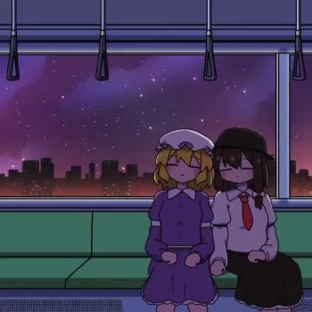 2girls animated black_hat blonde_hair brown_hair closed_eyes dress fedora hat long_sleeves maribel_hearn mob_cap multiple_girls necktie purple_dress shirt shirt_tucked_in short_hair sitting skirt sound tagme touhou train_interior usami_renko video white_shirt y75zei
