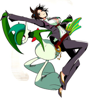 1girl animal_ears back-to-back black_eyes black_gloves black_hair black_jacket black_pants breasts center_frills center_opening collared_shirt crossover floating_hair frills fuji_kiseki_(shooting_star_revue)_(umamusume) fuji_kiseki_(umamusume) full_body gallade gen_4_pokemon gloves high_heels holding_hands horse_ears jacket jewelry leaning_back leaning_forward light_smile long_sleeves looking_at_another looking_at_viewer medium_breasts necktie nintendo no_tail open_clothes open_jacket pants parted_lips pokemon pokemon_(creature) red_eyes shirt shoes short_hair toriken_(zzra4732) umamusume white_shirt wing_collar