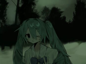 Rule 34 | > o, 1girl, bow, bowtie, collared shirt, commentary, forest, hair between eyes, hand up, hatsune miku, highres, jacket, long hair, nature, off shoulder, one eye closed, outdoors, shirt, snow, solo, tree, twintails, upper body, vocaloid, w, white shirt, yatsu (dolkz1455y75969)