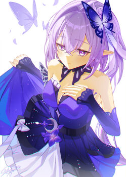1girl bare_shoulders breasts bug butterfly butterfly_hair_ornament castorice_(gossamer_flutter)_(honkai:_star_rail) castorice_(honkai:_star_rail) commentary_request detached_collar detached_sleeves dress from_above hair_ornament hand_on_own_chest highres holding_own_dress honkai:_star_rail honkai_(series) insect long_hair looking_at_viewer medium_breasts morocha1130 pointy_ears purple_dress purple_eyes purple_hair simple_background smile solo very_long_hair white_background