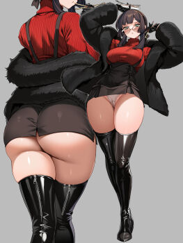 1girl absurdres arms_up ass black_coat black_gloves black_hair black_skirt boots breasts cameltoe coat commentary_request curvy from_behind full_body glasses gloves green_eyes grey_background hair_bun hair_ribbon highres kantai_collection large_breasts long_sleeves looking_at_viewer looking_back mogador_(kancolle) multiple_views open_clothes open_coat panties parted_lips red_sweater ribbed_sweater ribbon short_hair sidelocks simple_background skirt standing sweater taut_clothes taut_skirt thigh_boots thighs torisan turtleneck turtleneck_sweater underwear white_panties