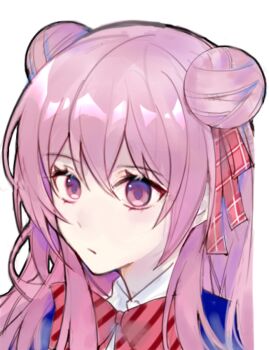 1girl blue_shirt bow bowtie chinese_commentary commentary_request double_bun hair_bun happy_sugar_life long_hair matsuzaka_satou pink_eyes pink_hair portrait red_bow red_bowtie shirt solo summer-night-echo