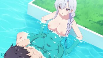 1boy 1girl absurdres aijou_rentarou bikini blue_bikini braid breasts cameltoe cleavage_cutout clothing_cutout eiai_nano faceless faceless_male grass hair_over_shoulder halterneck highres keihh kimi_no_koto_ga_dai_dai_dai_dai_daisuki_na_100-nin_no_kanojo long_hair looking_at_another medium_breasts midriff navel parted_lips partially_submerged pool poolside purple_hair red_eyes signature spread_legs swimsuit thighs topless_male torso_grab water wet