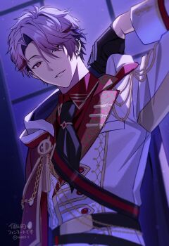 Rule 34 | 1boy, belt, black belt, cape, commentary request, gold trim, gradient hair, hair over one eye, hand up, highres, jacket, looking at viewer, male focus, multicolored hair, nijisanji, pink hair, red cape, red eyes, seraph dazzlegarden, short hair, signature, smile, solo, tuze111, twitter username, upper body, virtual youtuber, white jacket, window