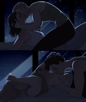 2girls black_hair black_pants blonde_hair breasts carol_sturka closed_eyes clothes_lift commentary dark english_commentary highres kiss kissing_stomach multiple_girls night pants pluribus_(tv_series) reimanticism shirt_lift tank_top white_tank_top window yuri zosia_(pluribus)