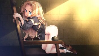 1girl ass blonde_hair blue_eyes bobby_socks bottomless chair disheveled flat_chest full_body game_asset loli long_hair lufia_(reijuu_no_acolyte_lufia) mary_janes non-web_source pointy_ears reijuu_no_acolyte_lufia robe robe_lift shoes socks solo tanabe_kyou visual_novel_cg