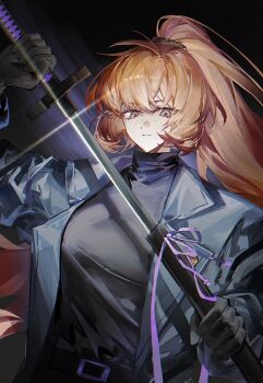 Rule 34 | 1girl, absurdres, belt, black background, black belt, black gloves, black shirt, blue jacket, bochishiraita, brown hairband, freckles, gloves, green eyes, hairband, highres, holding, holding sword, holding weapon, ishmael (project moon), jacket, jeong's office (identity), katana, limbus company, long hair, long sleeves, looking at viewer, orange hair, project moon, purple ribbon, ribbon, serious, sheath, shirt, solo, sword, turtleneck, unsheathing, upper body, very long hair, weapon