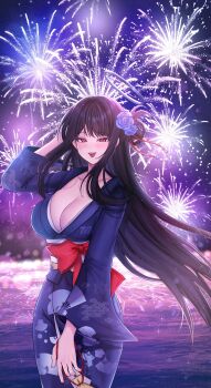 1girl absurdres aerial_fireworks alt_text alternate_costume black_hair black_halo blue_archive blue_flower blue_kimono blush bow breasts cleavage collarbone commentary english_commentary fingernails fireworks flower hair_flower hair_ornament halo hand_in_own_hair hand_up highres japanese_clothes kimono large_breasts long_hair looking_at_viewer multicolored_halo nail_polish night obi open_mouth outdoors red_bow red_eyes red_halo red_nails rio_(blue_archive) rosumini sash solo two-tone_halo very_long_hair
