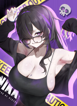 1girl absurdres ahoge armpits arms_up black_dress black_hair black_sweater breasts cleavage collarbone commentary_request dress glasses goddess_of_victory:_nikke grin hair_over_one_eye highres label_(nikke) long_hair looking_at_viewer messy_hair mole mole_on_breast multicolored_hair nevven purple_background purple_eyes purple_hair skull smile solo sweat sweater two-tone_hair very_long_hair