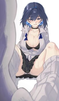 1girl absurdres alternate_costume black_bra black_choker black_skirt blue_eyes blue_hair bow bow_earrings bowtie bra breasts choker collared_shirt colored_inner_hair earrings grey_socks hair_intakes highres hololive hololive_english hunk_404 jewelry kneehighs large_breasts looking_at_viewer miniskirt multicolored_hair ouro_kronii panties pantyshot partially_unbuttoned pleated_skirt ribbed_socks shirt simple_background sitting skirt socks solo underwear undone_bowtie virtual_youtuber white_background white_panties white_shirt