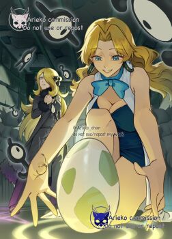 Rule 34 | 2girls, aged up, ariekochan, black coat, black pants, blonde hair, blue bow, blue dress, blue eyes, bow, breasts, cleavage, coat, commentary, cynthia (pokemon), dress, earrings, egg, english commentary, fur-trimmed coat, fur collar, fur trim, gen 2 pokemon, grey eyes, hair ornament, hair over one eye, highres, jewelry, large breasts, long hair, long sleeves, molly hale, multiple girls, nintendo, pants, parted lips, pokemon, pokemon (anime), pokemon (classic anime), pokemon (creature), pokemon 3: the movie - spell of the unown: entei, pokemon dppt, pokemon egg, ruins, smile, squatting, unown, unown ?, unown a, unown i, unown j, unown t, very long hair