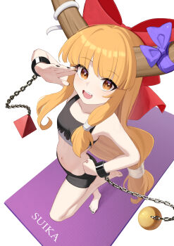absurdres alternate_costume bike_shorts black_nails black_shorts black_sports_bra bow breasts brown_horns chain character_name commentary cuffs english_commentary exercising gym_shorts hair_bow highres horn_bow horn_ornament horns ibuki_suika long_hair looking_at_viewer low-tied_long_hair midriff navel oeyama oni open_mouth orange_eyes orange_hair orb purple_bow pyramid_(geometry) red_bow shackles shorts sidelocks small_breasts sports_bra touhou very_long_hair yoga yoga_mat