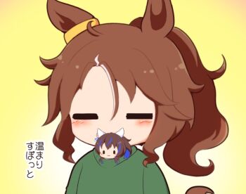 2girls :3 animal_ears blue_hair blush brown_hair chibi chibi_only closed_eyes closed_mouth commentary_request daitaku_helios_(umamusume) ear_covers gomashio_(goma_feet) green_shirt hair_ornament hairclip horse_ears horse_girl horse_tail long_hair mejiro_palmer_(umamusume) multicolored_hair multiple_girls shirt smile streaked_hair tail translation_request two-tone_hair umamusume white_hair yellow_eyes |_|